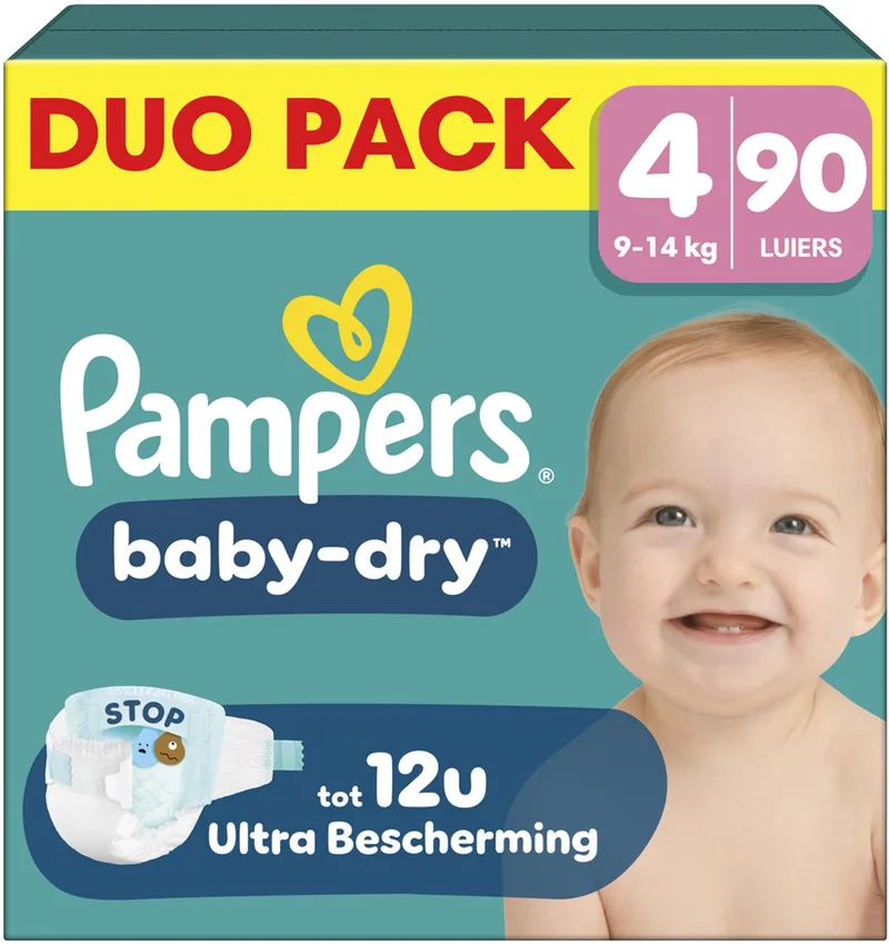 Baby-Dry Maat 4 - 90 Luiers - 9kg-14kg - Tot 100% lekvrij & comfortabele nacht de Pampers – photo produit
