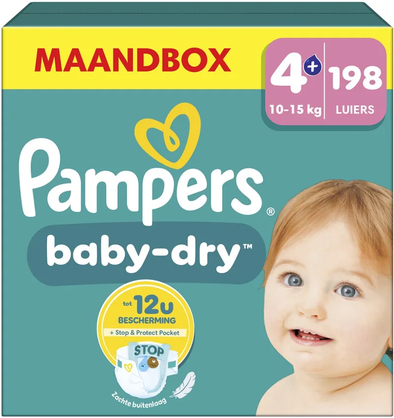 Baby-Dry Maat 4+ - extra absorptie - 198 Luiers - 10kg-15kg de Pampers – photo produit