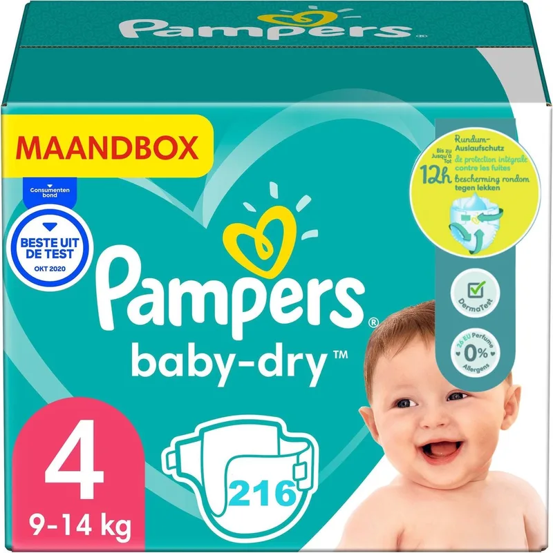 Baby Dry - Maat 4 - Maandbox - 216 luiers - 9/14 KG de Pampers – photo produit