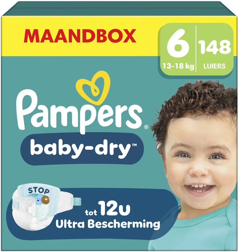 Baby-Dry Maat 6 - 148 Luiers - 13kg-18kg - Maandbox de Pampers – photo produit