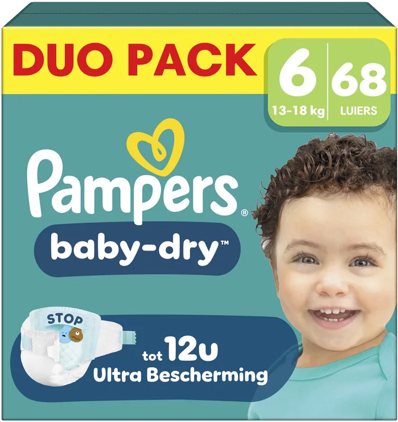 Baby-Dry Maat 6 - 68 Luiers - 13kg-18kg - Tot 100% lekvrij & comfortabele nacht van Pampers – productfoto