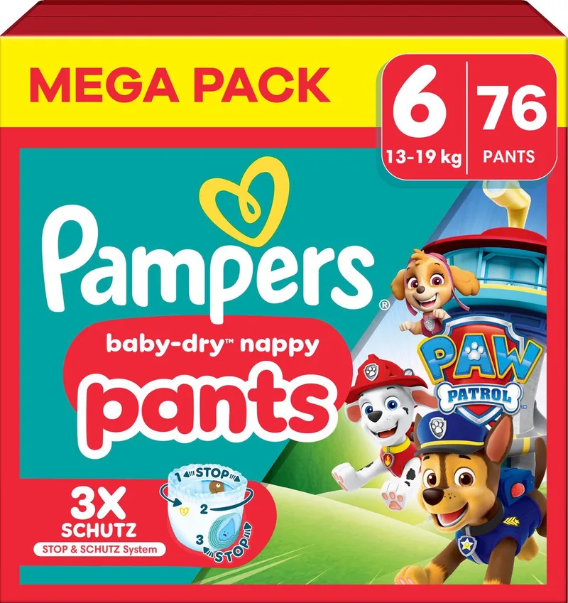 Baby-Dry Pants - Paw Patrol-editie - Maat 6 (14kg-19kg) - 76 Luiers - Mega Pack by Pampers – product photo