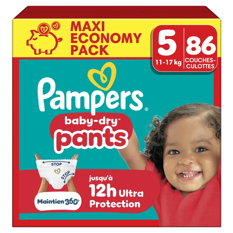 Baby-Dry Pants, Taille 5, 86 Couches-Culottes, 11-17kg, Protection 360° contre les fuites jour et nuit de Pampers – photo produit