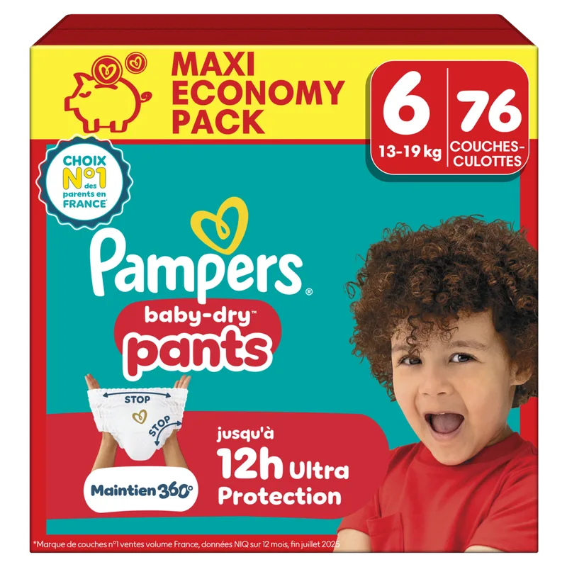 Baby-Dry Pants, Taille 6, 76 couches-culottes, 13-19kg, protection 360° contre les fuites jour et nuit, Maxi Pack Économique de Pampers – photo produit