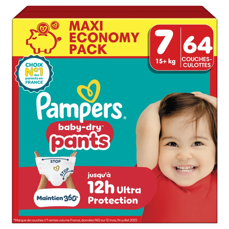 Baby-Dry Pants, Taille 7, 64 Couches-Culottes, Maxi Pack de Pampers – photo produit