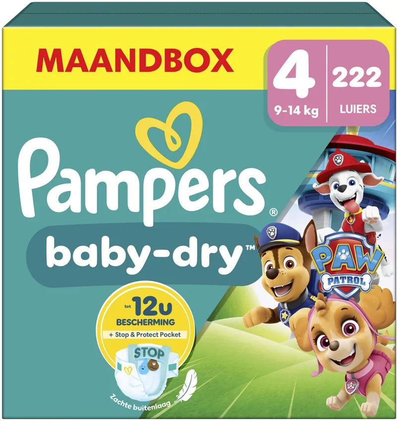 Baby-Dry Paw Patrol-editie Maat 4, 222 Luiers, 9kg-14kg de Pampers – photo produit