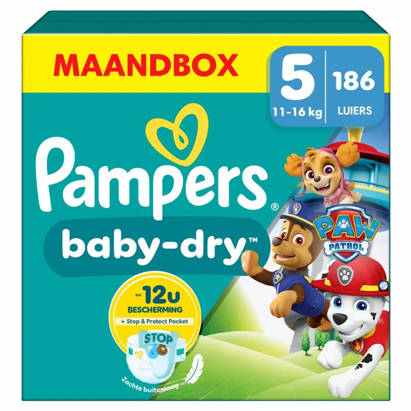 Baby-Dry Paw Patrol-editie Maat 5, 186 Luiers, 11kg-16kg de Pampers – photo produit