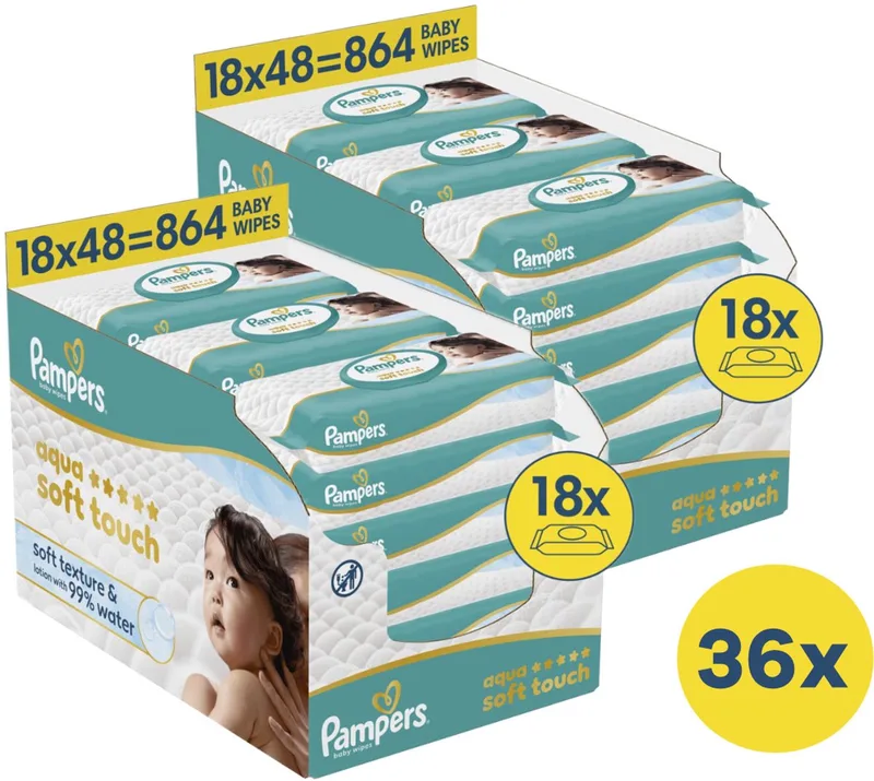 Billendoekjes Aqua Soft Touch - 2 Dozen = 36 pakken billendoekjes van Pampers – productfoto