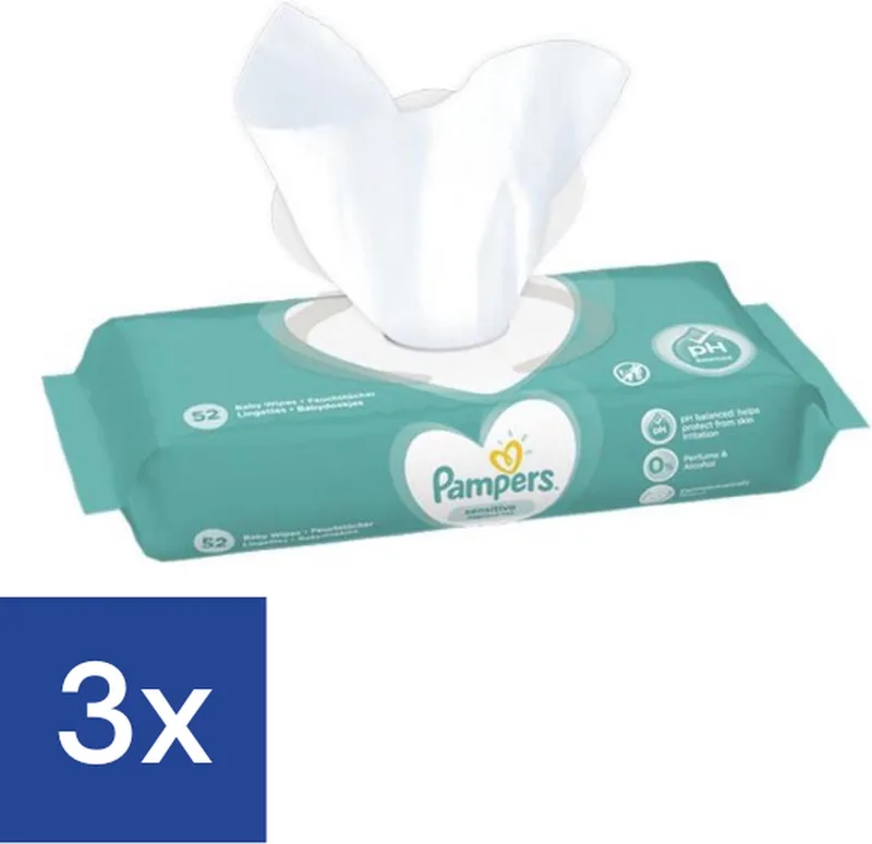 Billendoekjes Sensitive - zonder parfum - 156 doekjes (3x52) van Pampers – productfoto