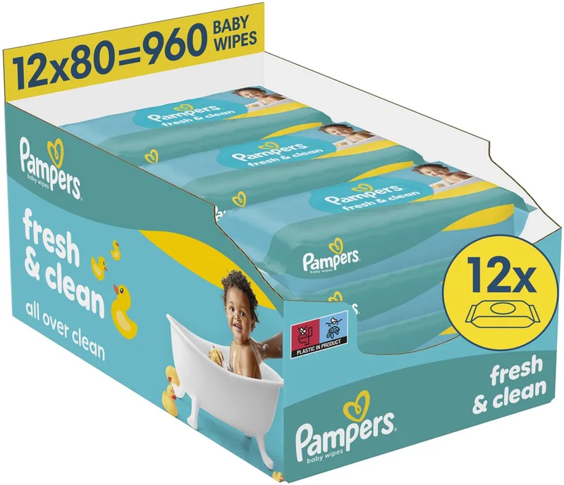 Fresh Clean - Billendoekjes - Schoon Van Top Tot Teen - 12 Verpakkingen van 80 Doekjes = 960 Babydoekjes de Pampers – photo produit