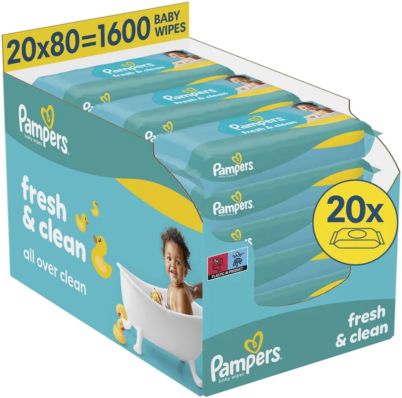 Fresh Clean - Billendoekjes - Schoon Van Top Tot Teen - 20 Verpakkingen van 80 Doekjes = 1600 Babydoekjes de Pampers – photo produit
