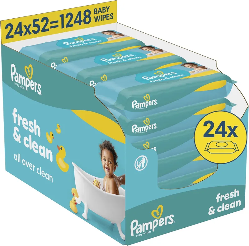 Fresh Clean Billendoekjes - Schoon Van Top Tot Teen - 24 Verpakkingen van 52 Doekjes = 1248 Babydoekjes van Pampers – productfoto
