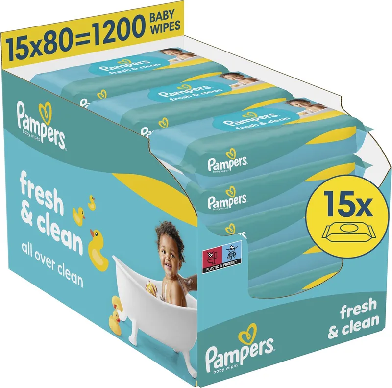Fresh Clean - Billendoekjes - Zachte En Frisse Geur - Ook Voor Handjes En Gezichtje - 15 verpakkingen van 80 doekjes = 1200 Babydoekjes van Pampers – productfoto