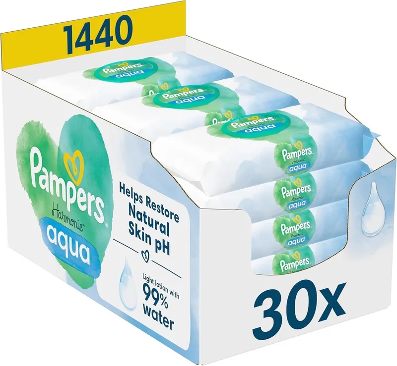 Harmonie Aqua Billendoekjes 0% Plastic - 30 Verpakkingen = 1440 Babydoekjes de Pampers – photo produit