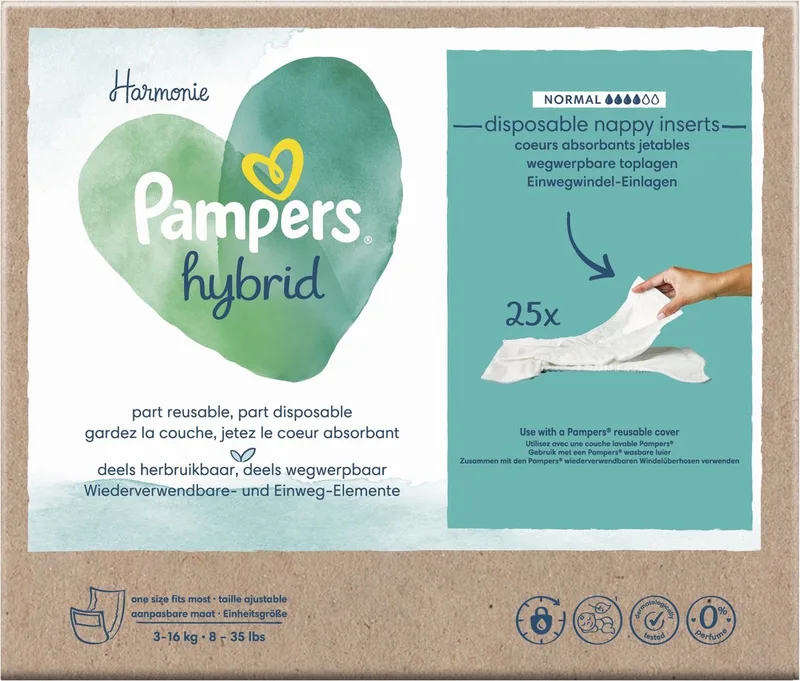 Harmonie Hybrid - Wasbare Luier - Normal Wegwerpbare Toplagen - 25 Stuks de Pampers – photo produit