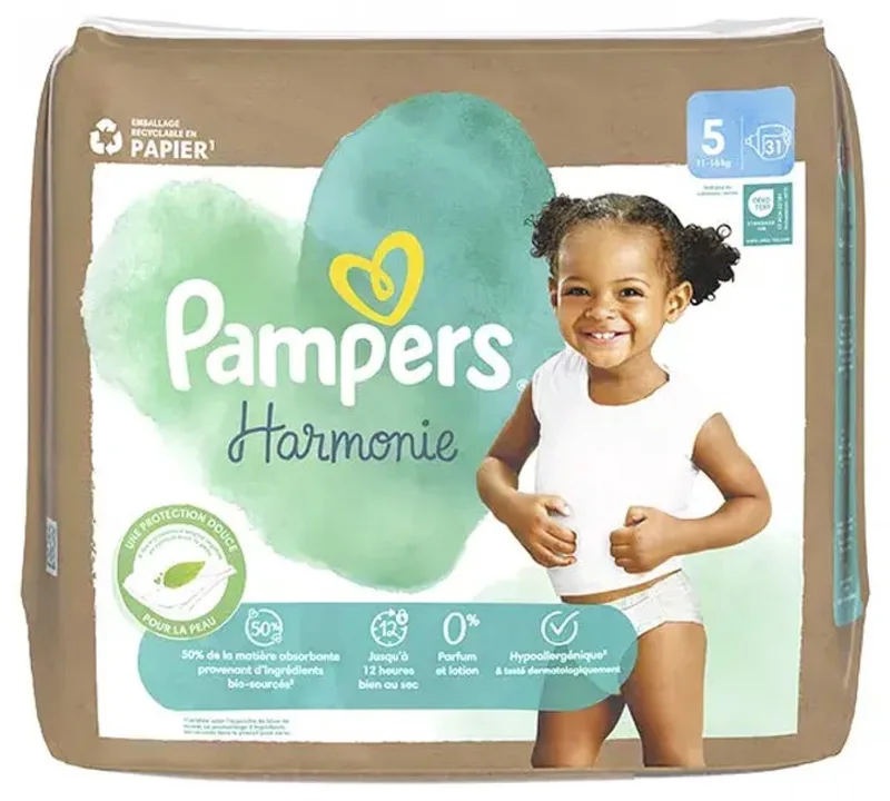 Harmonie Luiers Maat 5 | 11-16 kg | 31 Stuks | Zachte Bescherming | Zonder Parfum of Lotion | Duurzame Papieren Verpakking de Pampers – photo produit