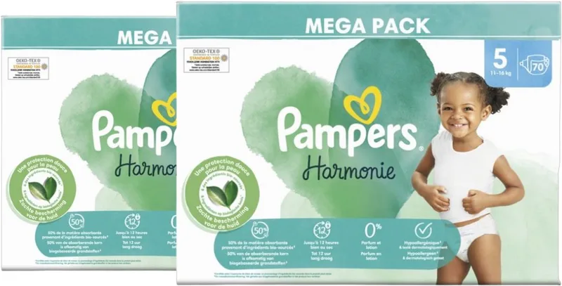 Harmonie luiers - Maat 5 - 140 stuks (2 x 70) - 11-16 KG - Hypoallergeen & dermatologisch getest - 0% parfum en lotion - Tot 12 uur droogheid de Pampers – photo produit
