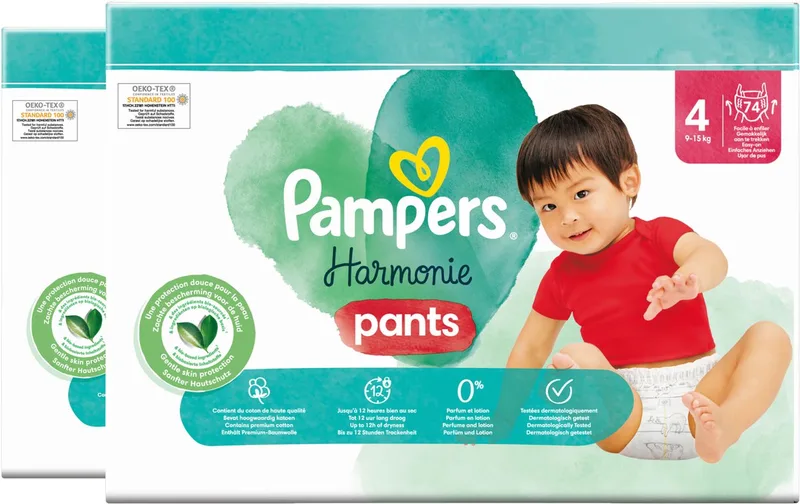 Harmonie Pants luierbroekjes - Maat 4 - 148 stuks - 2 x 74 luierbroekjes (9-15KG) - 100% droogheid van Pampers - Rekbare tailleband rondom voor eenvoudig verschonen de Pampers – photo produit