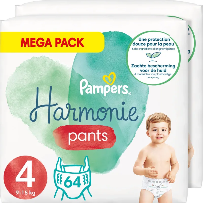 Harmonie Pants Maat 4 (9kg-15kg) - Mega Pack 2 x 64 Luierbroekjes de Pampers – photo produit