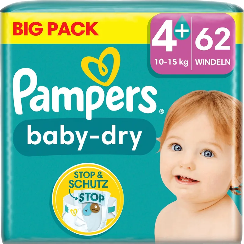 Luiers Baby Dry Maat 4+ Maxi Plus (10-15 kg), Big Pack, 62 Stuks de Pampers – photo produit