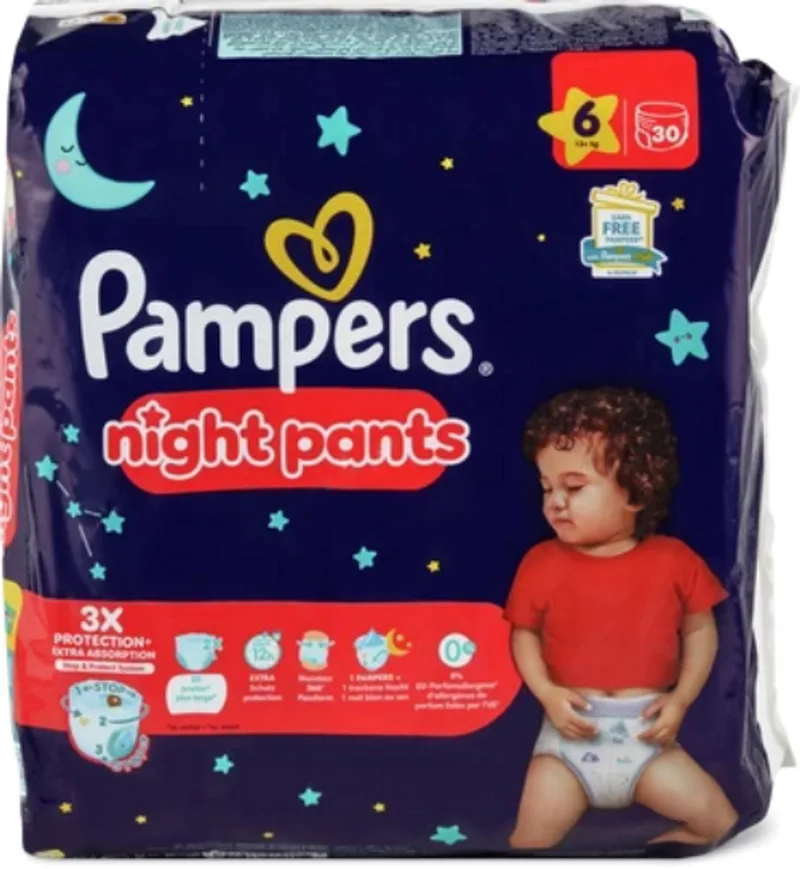 Night Pants – Maat 6 (13 kg+), 30 Stuks | Extra Absorberende Nachtbescherming de Pampers – photo produit