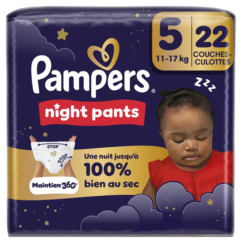 Night Pants, Taille 5, 22 Couches-Culottes, 11-17kg, Offrent Une Protection Renforcée Toute La Nuit de Pampers – photo produit
