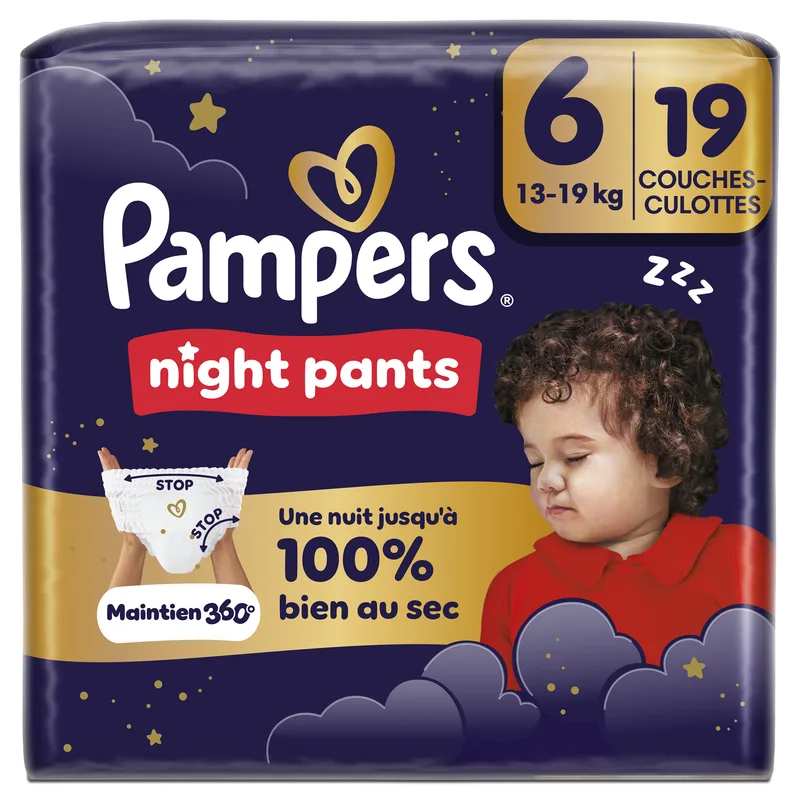 Night Pants, Taille 6, 19 Couches-Culottes, 13-19kg, Offrent Une Protection Renforcée Toute La Nuit de Pampers – photo produit