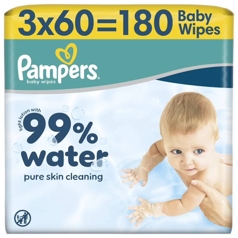 Pampers 99% D'Eau Lingettes pour Bébé, 3 Paquets de 60 Lingettes = 180 Lingettes, Lotion Douce avec 99% D’Eau de Pampers – photo produit