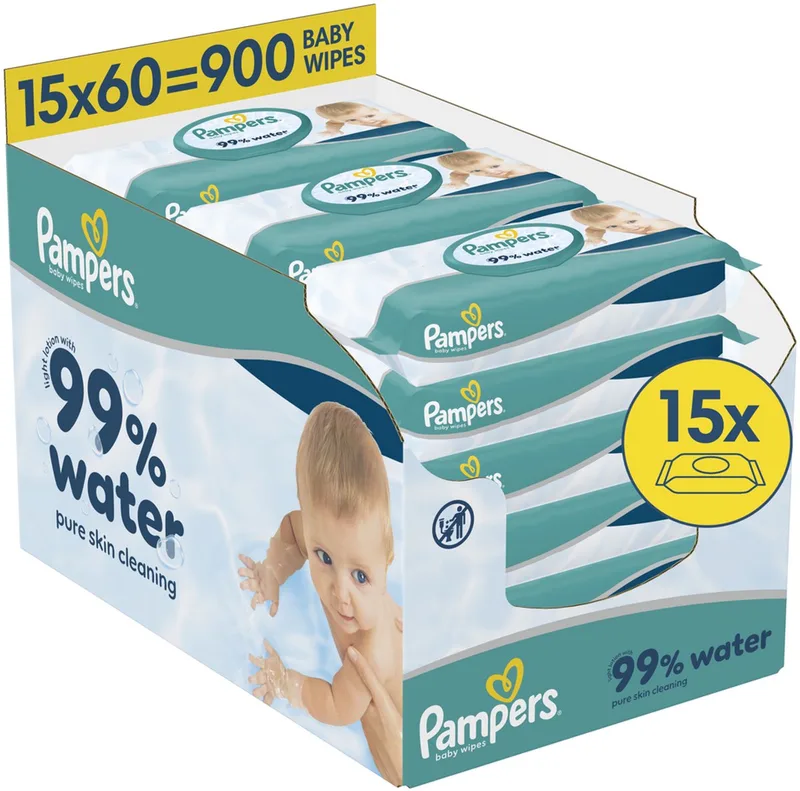 Pampers 99% Water Babydoekjes - 15 Verpakkingen Van 60 Doekjes = 900 Babydoekjes de Pampers – photo produit