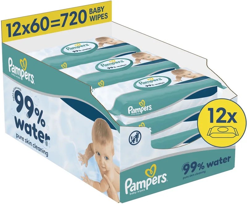 Pampers 99% Water - Billendoekjes - Zachte Lotion Met 99% Water - 12 Verpakkingen van 60 Doekjes = 720 Babydoekjes by Pampers – product photo