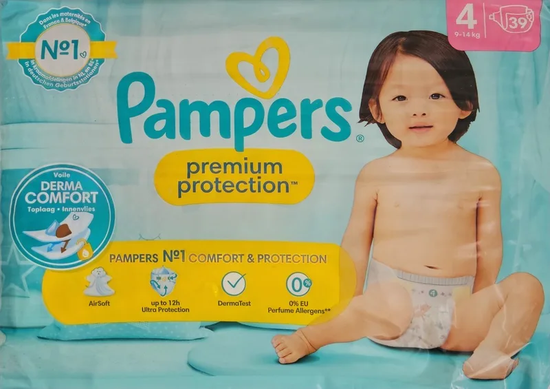 Premium Protection luiers - Maat 4 (9-14kg) - 39 luiers - Inclusief een toplaag om vocht bij de huid weg te houden - Zachte en uitrekbare zijkanten - Maat 4 de Pampers – photo produit