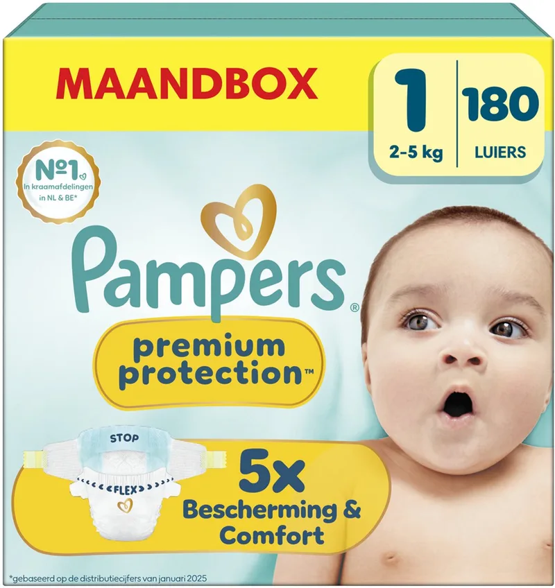 Premium Protection Maat 1, 180 Luiers, 2kg-5kg van Pampers – productfoto