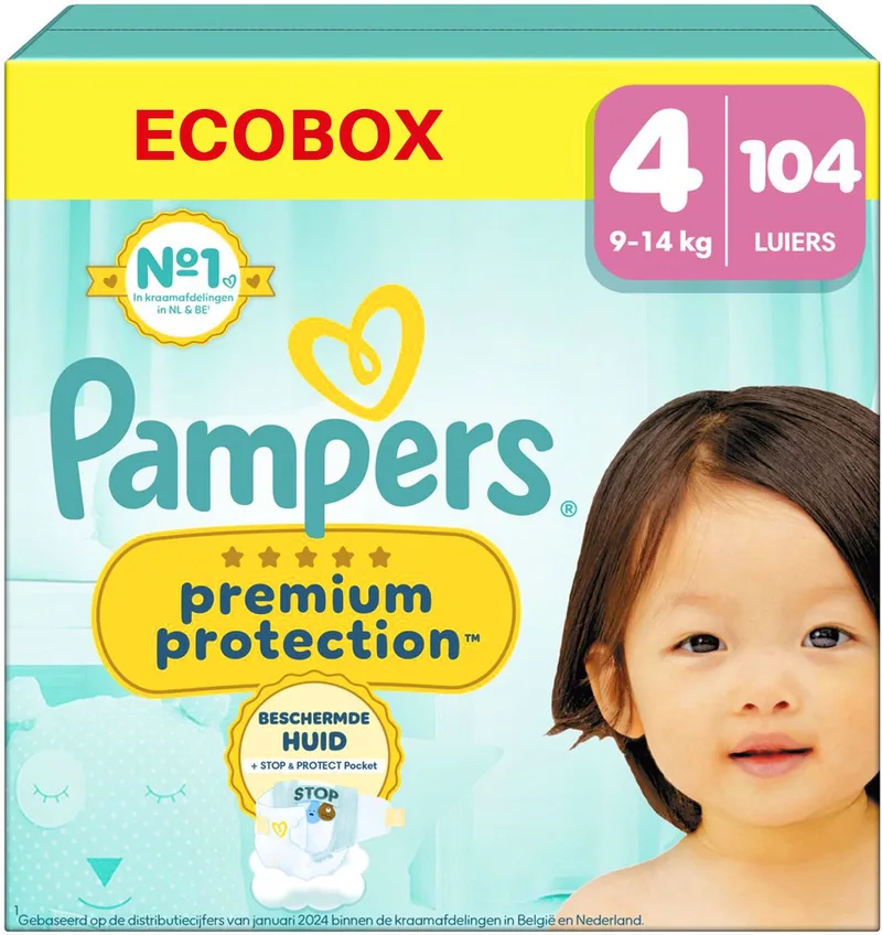 Premium Protection - Maat 4 (9kg-14kg) - 104 Luiers - Ecobox van Pampers – productfoto