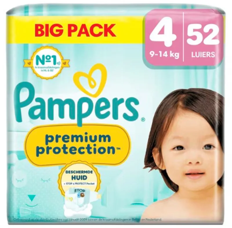 Premium Protection Maat 4 Luiers (9-14kg) - 52 stuks - Big Pack van Pampers – productfoto