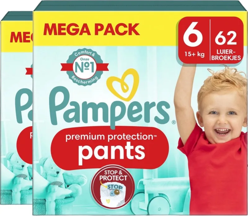 Premium Protection Pants Maat 6 - 124 Luierbroekjes (2x 62) - 15kg+ - Maandbox - Inclusief een toplaag om vocht bij de huid weg te houden - Navelvriendelijke pasvorm (tot maat 3) van Pampers – productfoto