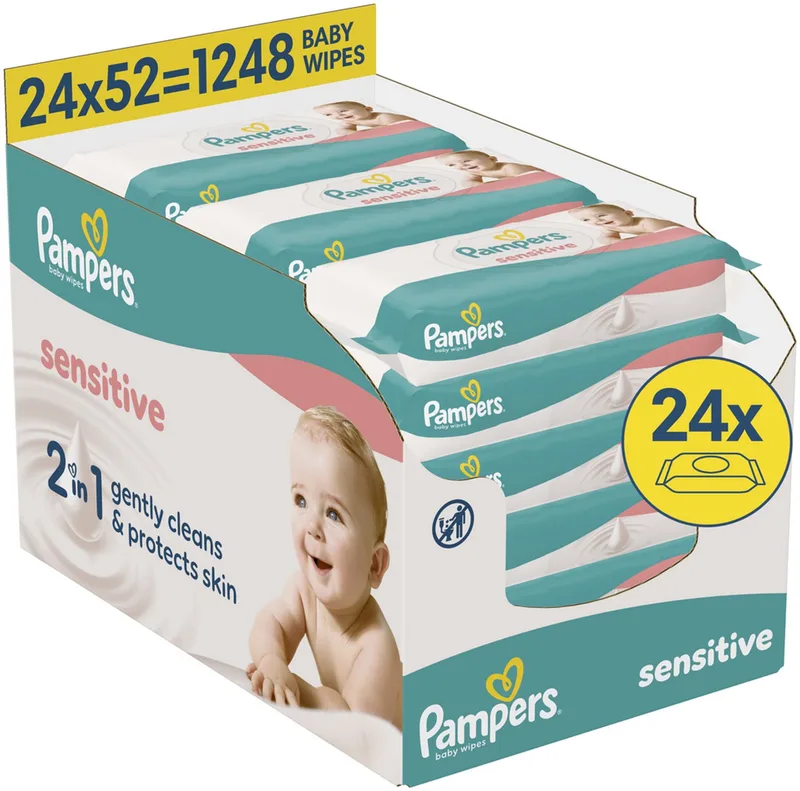 Sensitive Billendoekjes - 2-in-1: Reinigen Zacht & Beschermen - 0% Plastic In De Doekjes - 24 Verpakkingen van 52 Doekjes = 1248 Babydoekjes by Pampers – product photo