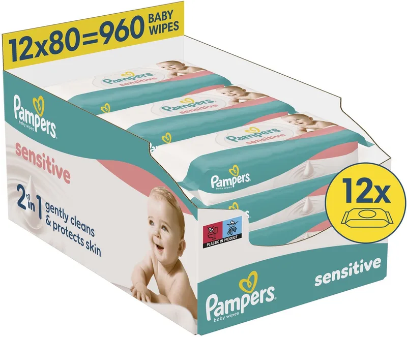 Sensitive - Billendoekjes - 2 In 1 Reinigt Zacht En Beschermt De Huid - 12 Verpakkingen van 80 Doekjes = 960 Babydoekjes de Pampers – photo produit