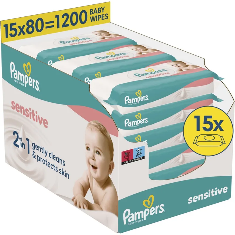 Sensitive - Billendoekjes - Zonder Parfum - Voor Een Zachte en Milde Reiniging - 15 verpakkingen van 80 Doekjes = 1200 Babydoekjes van Pampers – productfoto