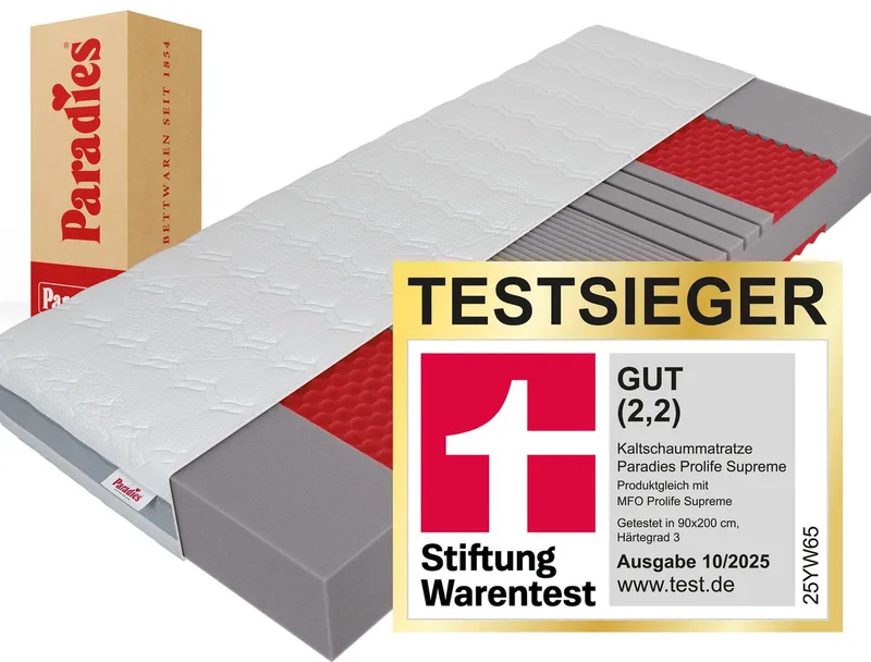 Kaltschaummatratze Neuheit: Paradies Prolife Supreme, Testsieger Stiftung Warentest, Paradies, 22 cm hoch, Note GUT (2,2), getestet in 90x200 cm, Härtegrad 3 fra Paradies i Hvid – produktbillede
