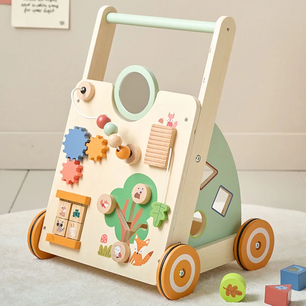 Activiteiten Loopwagen – Stimuleert motorische ontwikkeling & hand-oogcoördinatie – Babywalker met rubberen wielen – Waterbasis verf de Petite Amélie en Forêt – photo produit