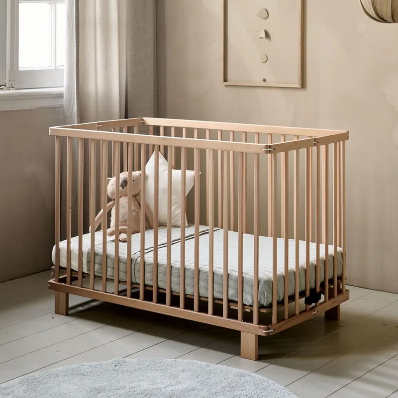 Ledikant hout 60x120 cm - Inklapbaar baby bed perfect voor beperkte ruimtes - 3 Hoogte instellingen van Lattenbodem - Stevig Massief Houten Bed - Naturel - Origami Collectie by Petite Amélie in Naturel – Origami – product photo