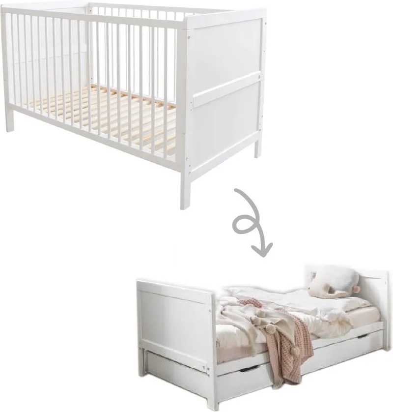 Meegroeibed 140x70 cm – Babybed 3-in-1 – Van Ledikant tot Peuterbed från Petite Amélie i Wit – produktbild