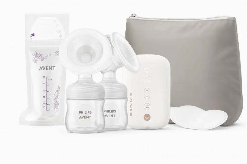 dubbele elektrische borstkolf, ziekenhuissterkte en oplaadbare motor, geïnspireerd op de natuurlijke zuigreflex van baby's, reistasje, model SCF398/31 från Philips Avent i Wit – produktbild