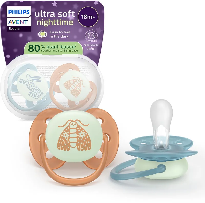 Fopspeen - Ultra Soft Nighttime - 18+ maanden - 2 stuks - Glow in the Dark van Philips Avent in Blauw, Oranje – productfoto