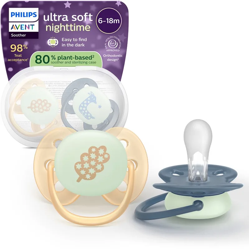 Fopspeen - Ultra Soft Nighttime - 6-18 maanden - 2 stuks - Glow in the Dark van Philips Avent in Blauw, Geel – productfoto