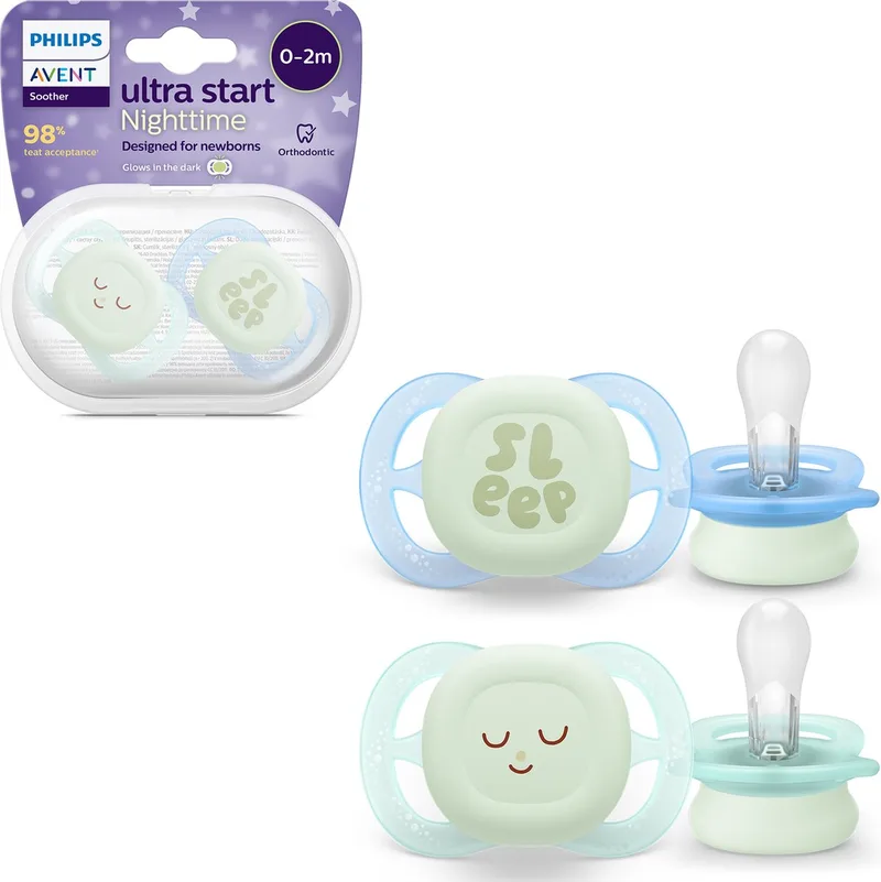 Fopspeen Ultra Start Nighttime 0-2 mnd Glow in the Dark 2 stuks by Philips Avent in Groen Blauw – product photo