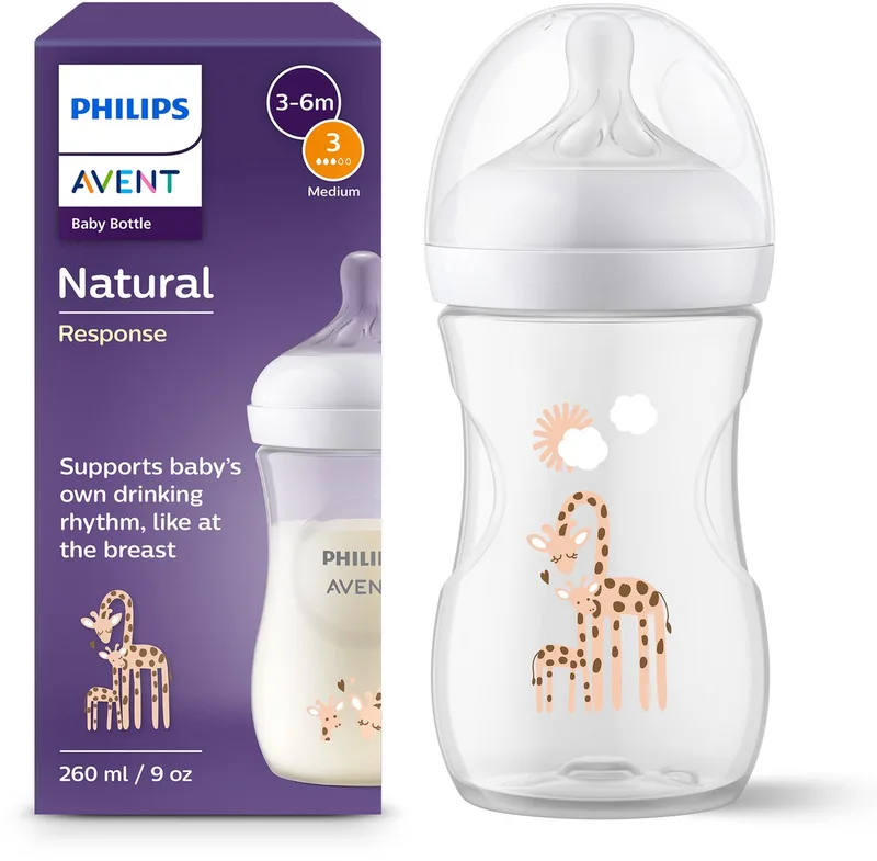 Natural Response babyfles – 260 ml – flow 3 – Giraffe - SCY903/66 by Philips Avent in Transparant – product photo