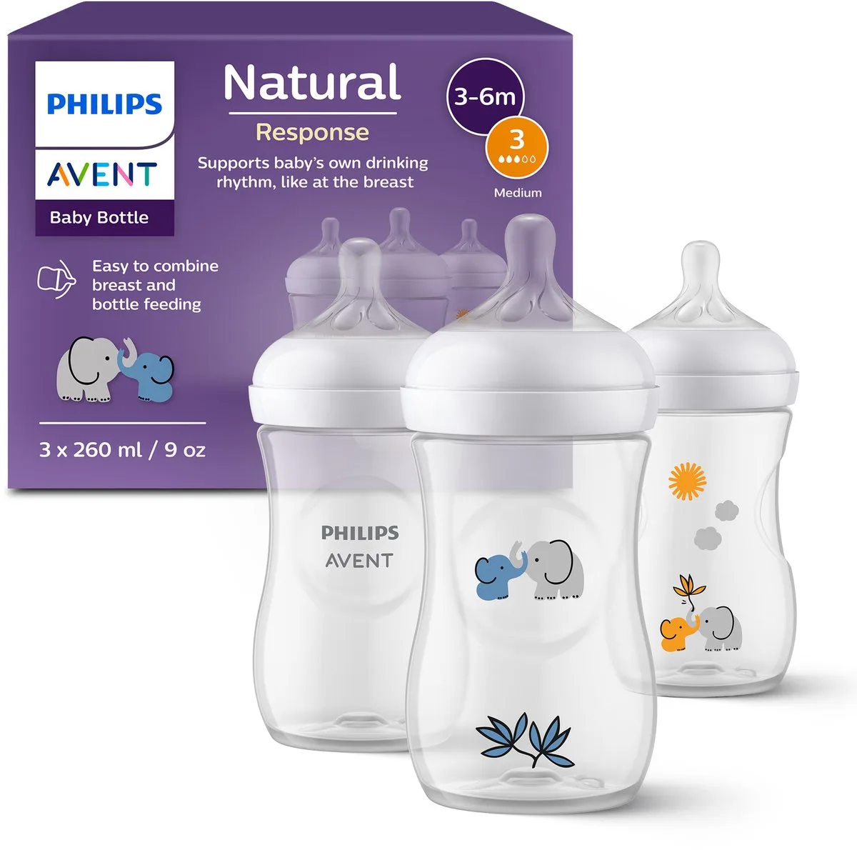 Natural Response Babyflessen 260ml – Flow 3- 3 flessen - SCY903/63 fra Philips Avent i Gennemsigtig – produktbillede