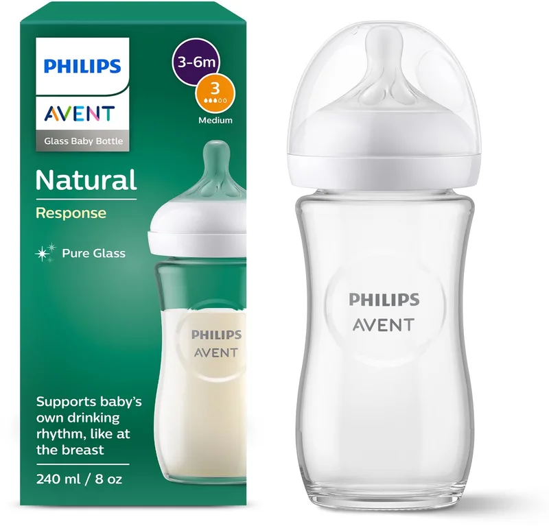 Natural Response Glazen Babyfles – 240ml – Flow 3 – BPS vrij- 1 fles - SCY933/01 de Philips Avent en Transparant – photo produit