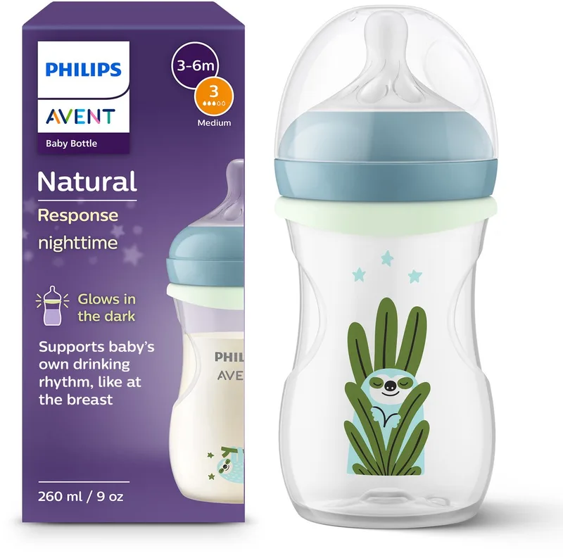 Natural Response Nighttime babyfles 260 ml – Flow 3 – Antikoliek – Glow-in-the-dark fles - SCY903/81 by Philips Avent in Transparant – product photo